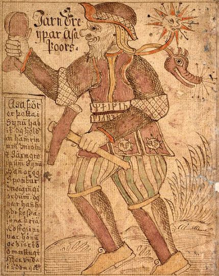 An illustration of the god Thor with his hammer Mjöllnir, from an Icelandic 18th century manuscript.