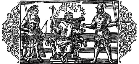 16th-century depiction of Norse gods from Olaus Magnus's A Description of the Northern Peoples; from left to right, Frigg, Thor and Odin