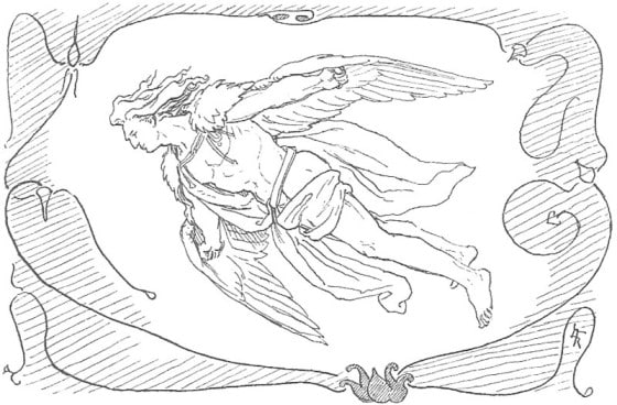 Loki in flight after borrowing Freyja's feather cloak to retrieve Thor's hammer Mjöllnir, as told in Þrymskviða.