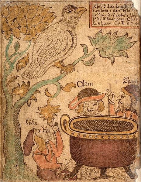 An illustration of the three gods Loki, Odin and Hœnir, as narrated in the skaldic poem Haustlöng, from an Icelandic 18th century manuscript.