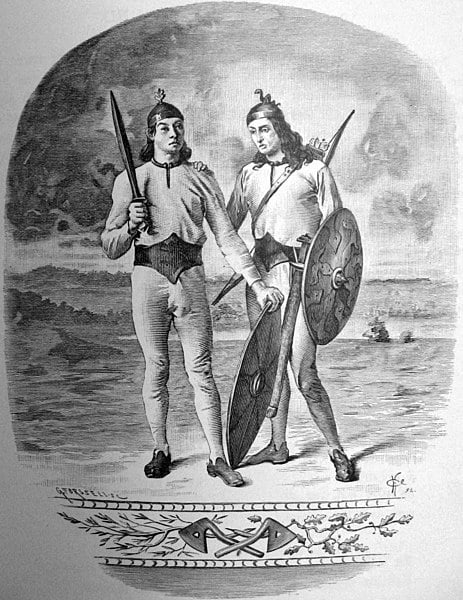 The engraving shows two men with shields and weapons. Vidar & vali
