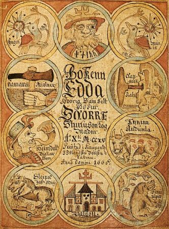 Title page of a late manuscript of the Prose Edda written by Snorri Sturluson (13th century), showing the Ancient Norse Gods Odin, Heimdallr, Sleipnir, and other figures from Norse mythology