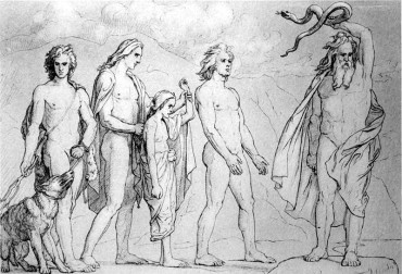A depiction of a young Hel (center) being led to the assignment of her realm, while her brother Fenrir is led forward (left) and Jörmungandr (right) is about to be cast by Odin into the ocean.