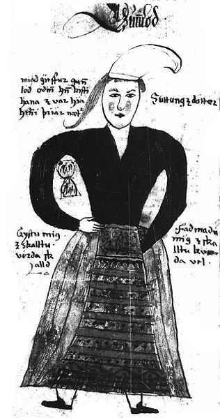 An illustration of the Norse figure Gunnlöð, from an Icelandic 17th century manuscript. A scan of a black and white photography.