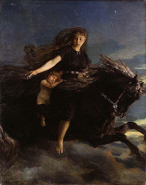 Nótt rides her horse in this 19th-century painting by Peter Nicolai Arbo