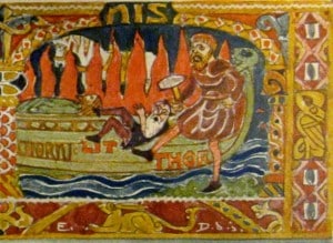 Thor Kicks Litr onto Baldr's Burning Ship, illustration by Emil Doepler