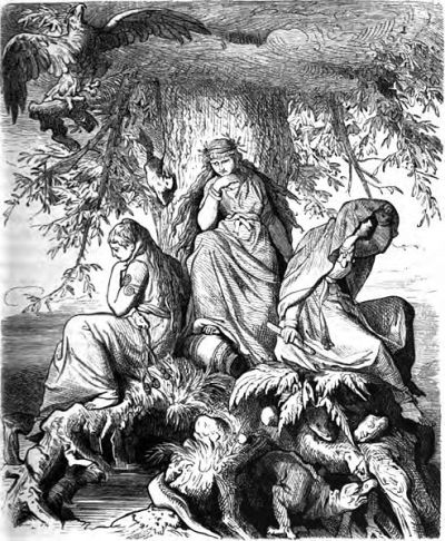 The Nornic trio of Urðr, Verðandi, and Skuld beneath the world tree (called an oak in the caption) Yggdrasil. At the bottom left of the image is the well Urðarbrunnr.