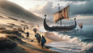 Viking ships making landfall in Africa