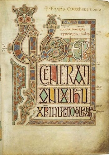 Folio 27r from the Lindisfarne Gospels contains the incipit from the Gospel of Matthew.