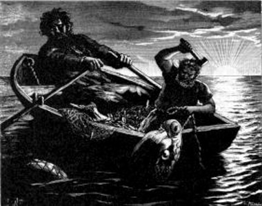 Hymir, Thor and Jörmungandr. An illustration from Nils Fredrik Sander's 1893 Swedish edition of the Poetic Edda.
