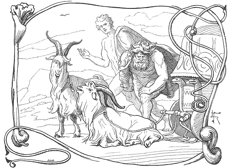 After defeating Hymir and his many-headed army, Thor discovers that one his goats is lame in the leg. Týr watches on.
