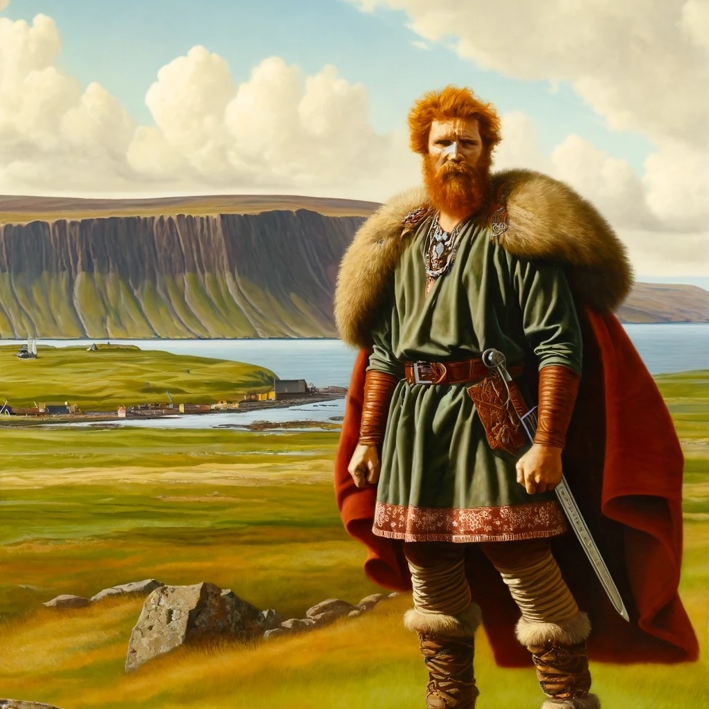 The famous viking Erik the Red standing on a small hill in Greenland which he settled.