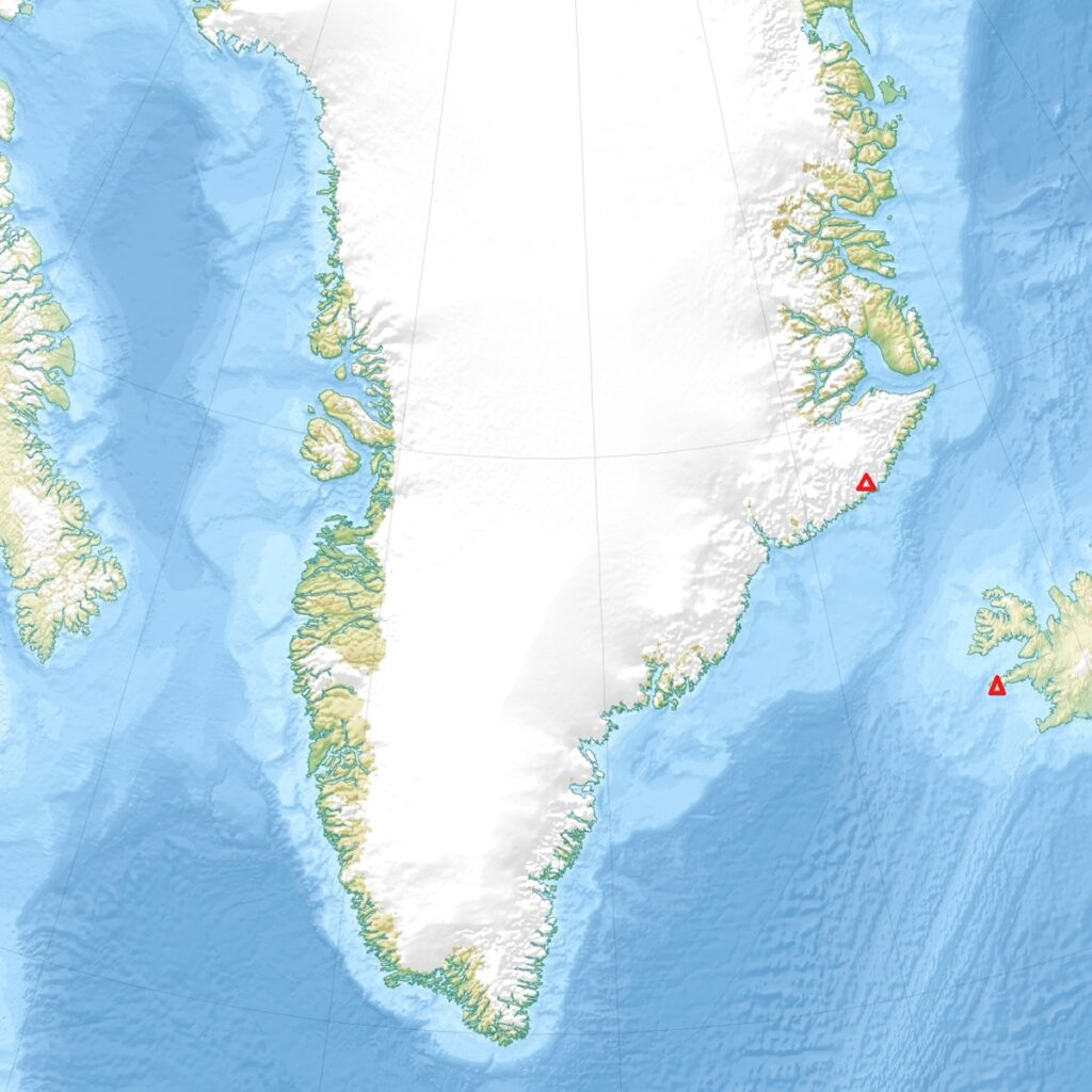 Map showing Greenland and Iceland, with the mountains Mt Rigny and Snofellajokull marked.