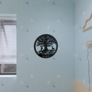Yggdrasil metal sign on childs room with blue wall