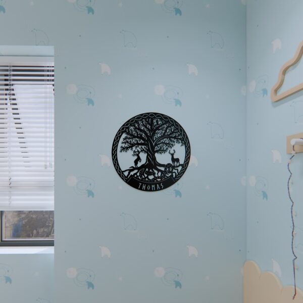 Yggdrasil metal sign on childs room with blue wall