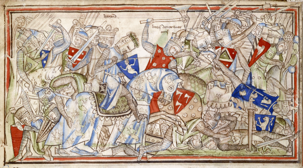 Battle of Stamford Bridge by Matthew Paris. Harald Hardrada in the middle of the picture, holding an ax and red shield.