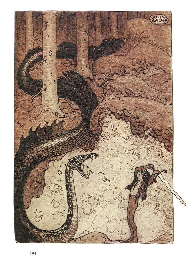 Illustration of Ragnar Lothbrok fighting the lindworm outside Thora's house.