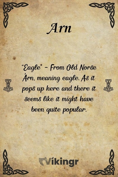 The Old Norse viking boys name Arn means Eagle. It might have been quite popular in the Viking Age, alone or as part of names like Arnstein or Arnulf.