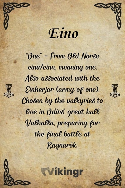 Eino is a Viking boys name that can be translated as One, ot maybe The One.