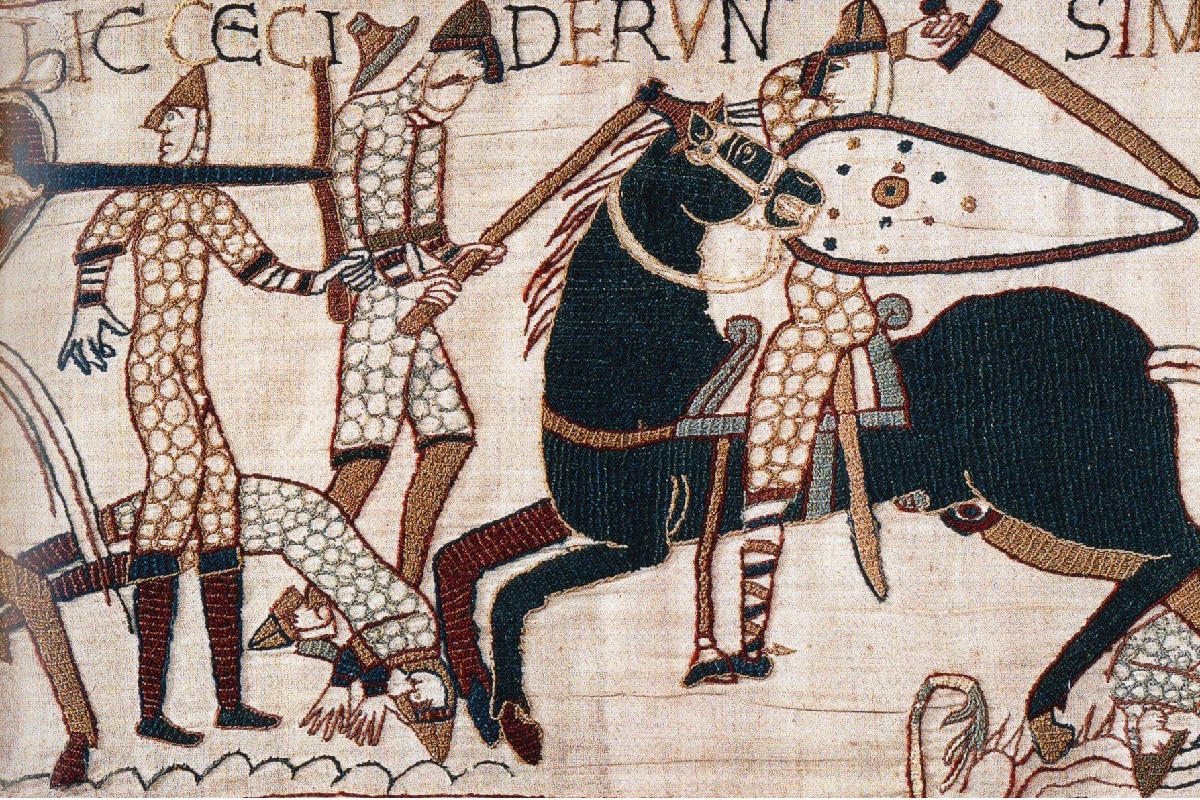 Part of the Bayeux Tapestry showing a warrior wielding a Dane ax