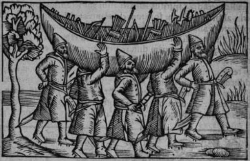 Viking warriors carry a boat