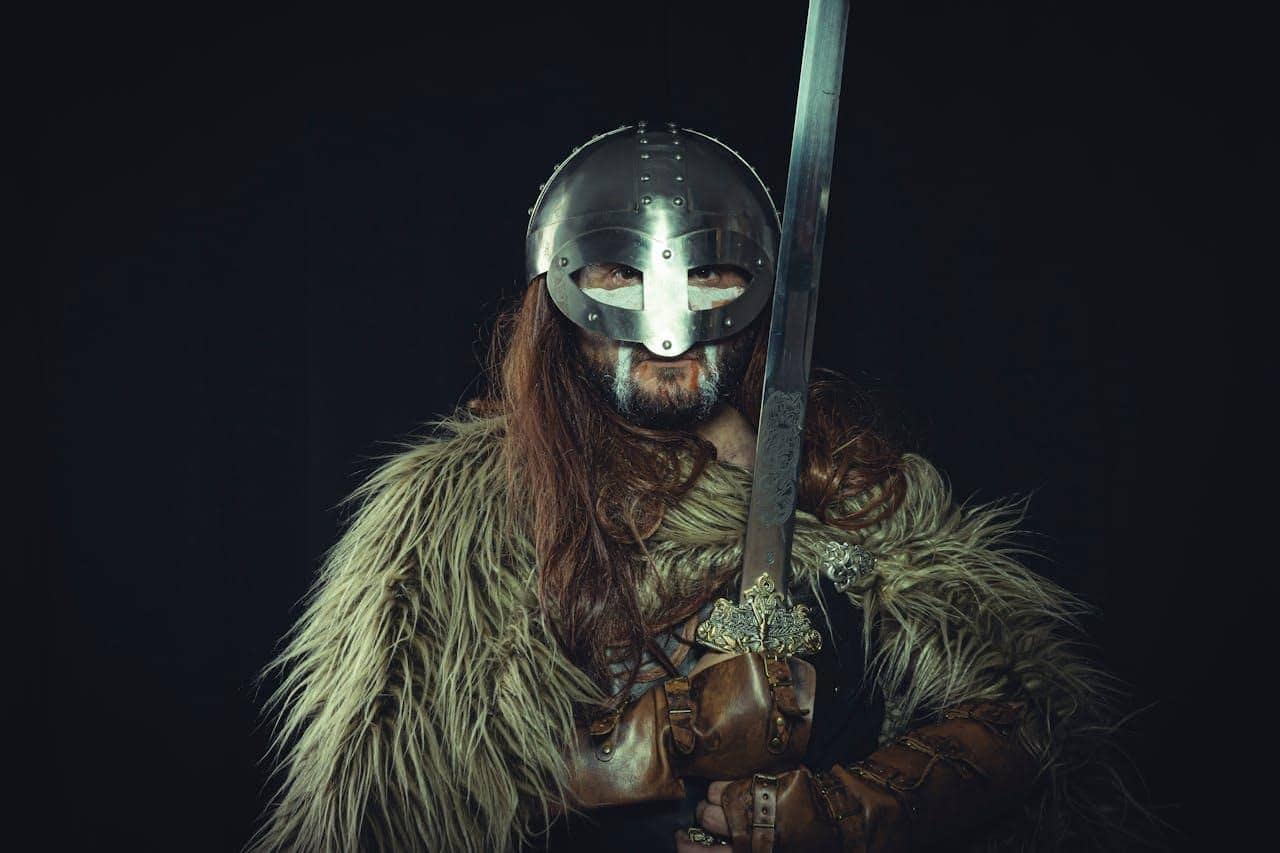 Helmeted Viking warrior with sword