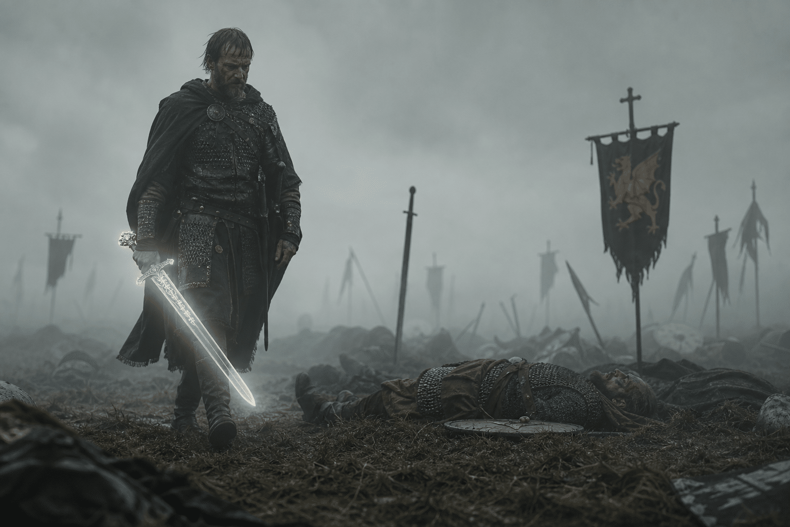 Armored warrior stands in a foggy battlefield holding a sword